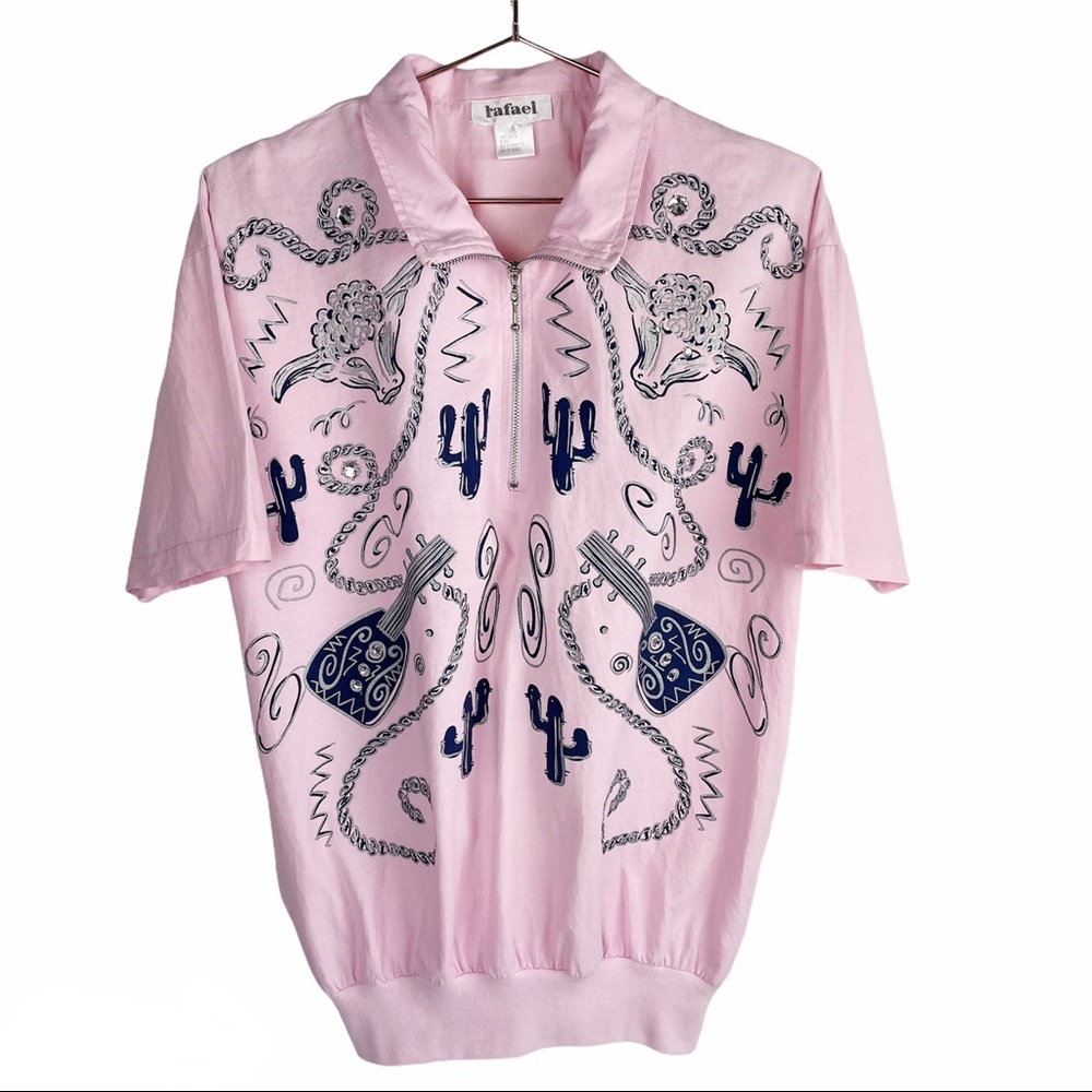 Vintage Western Oversized Rhinestone 1/4 Zip‎ Top